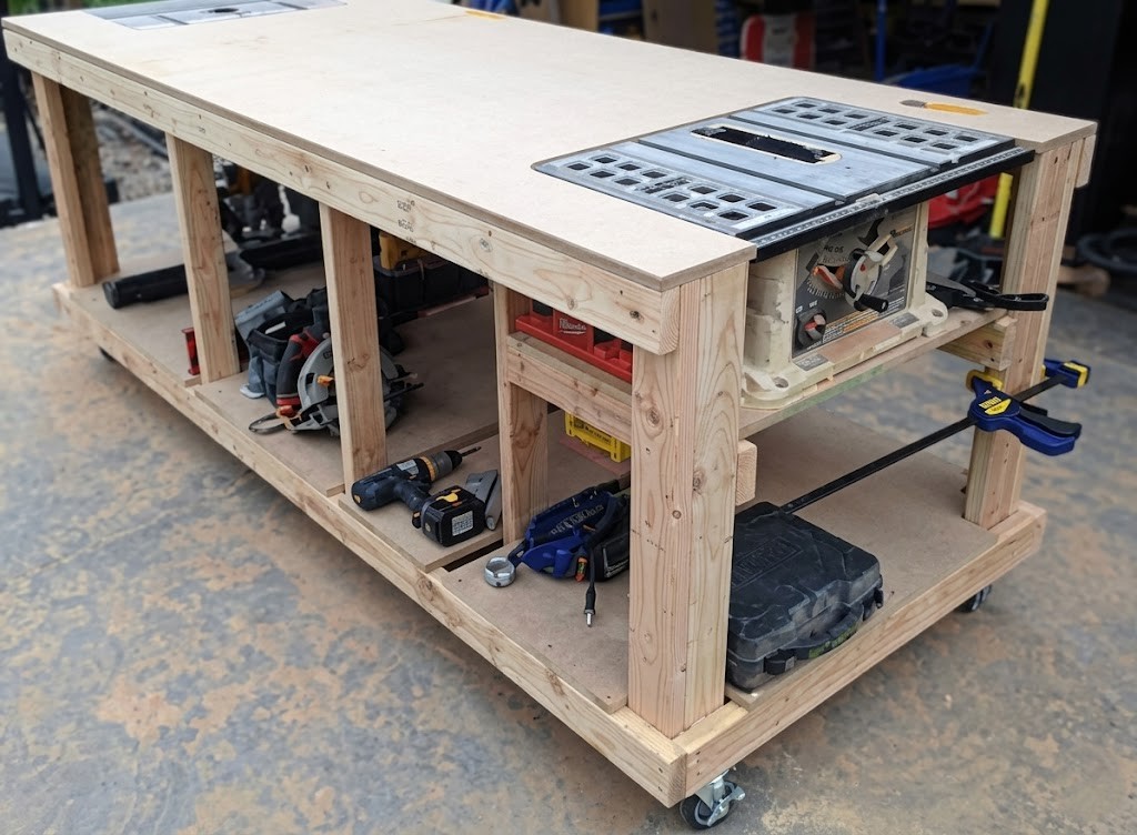 DIY workshop workbench built from woodworking plan with cut list